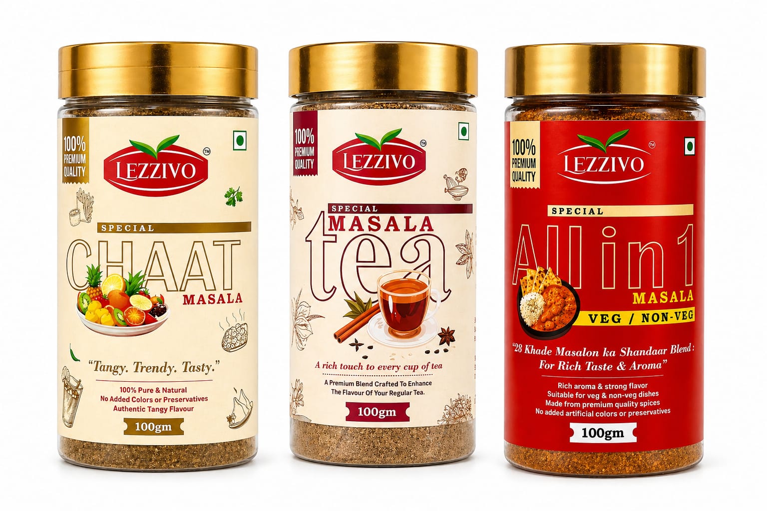 LEZZIVO Complete Kitchen Combo Pack (300g) | All In One Masala + Tea Masala + Chaat Masala | 3 Jars x 100g - Image 5